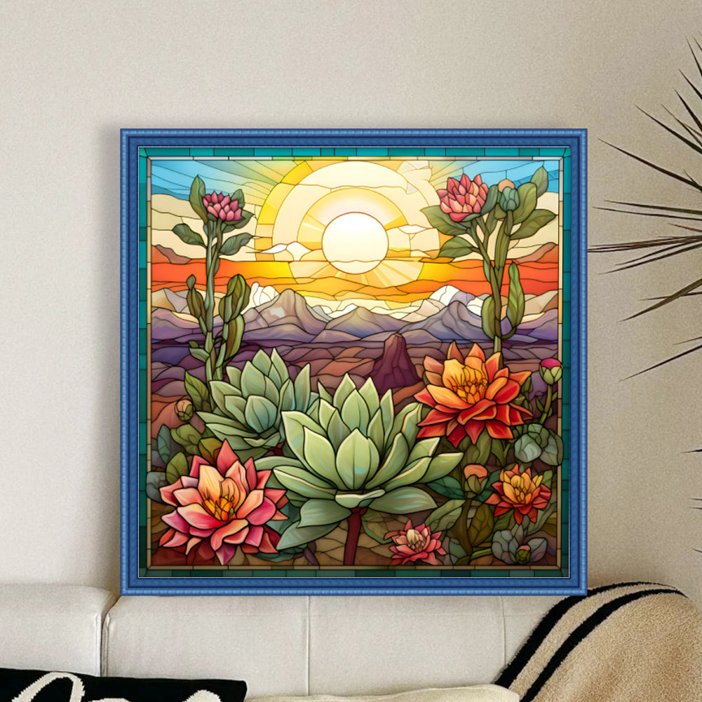 Glass Painting - Cactus Flower - 11CT Stamped Cross Stitch 50*50CM