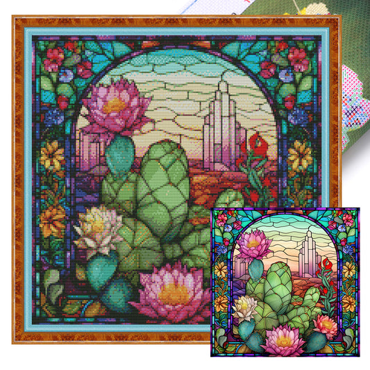 Glass Painting - Cactus Flower - 11CT Stamped Cross Stitch 50*50CM