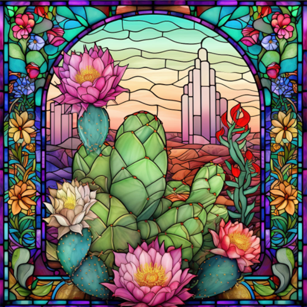 Glass Painting - Cactus Flower - 11CT Stamped Cross Stitch 50*50CM