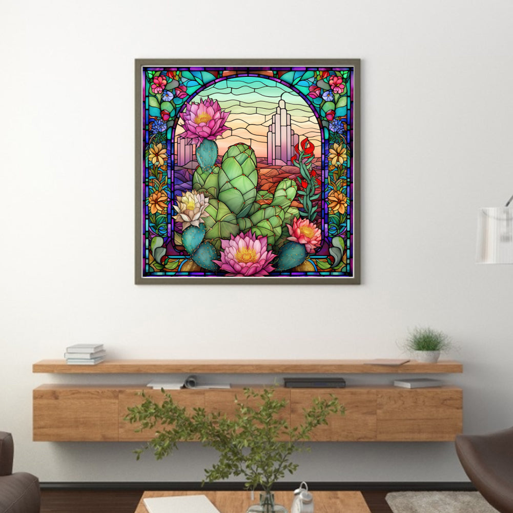 Glass Painting - Cactus Flower - 11CT Stamped Cross Stitch 50*50CM
