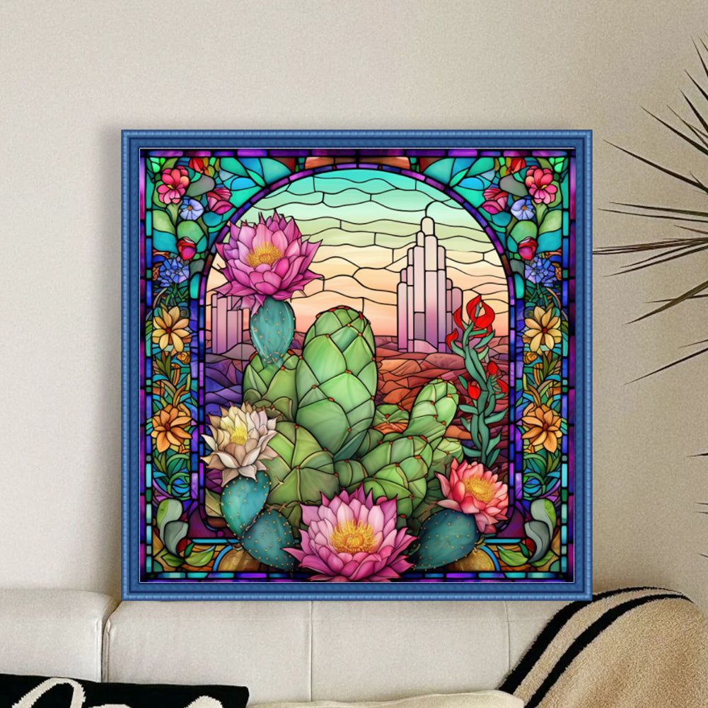Glass Painting - Cactus Flower - 11CT Stamped Cross Stitch 50*50CM