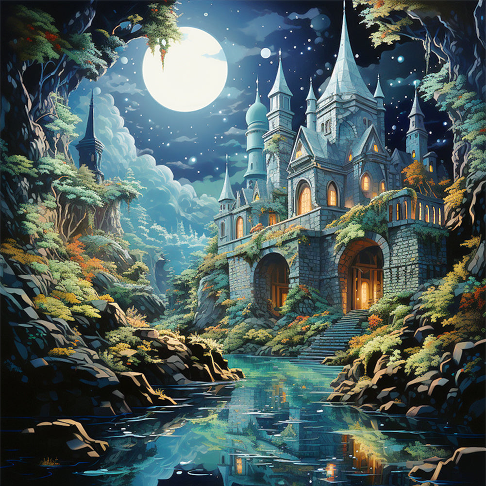 Castle Under Moonlight - 16CT Stamped Cross Stitch 50*50CM(Joy Sunday)