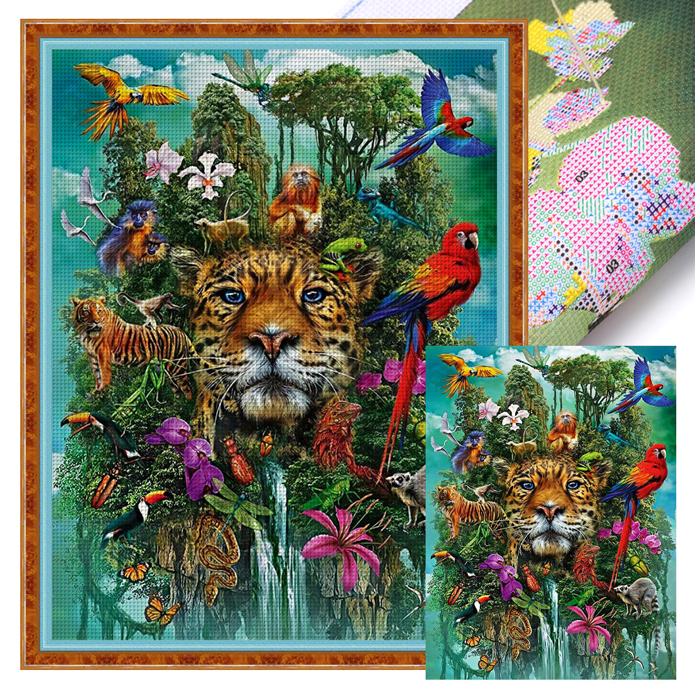 Flower Bird Tiger - 14CT Stamped Cross Stitch 40*55CM