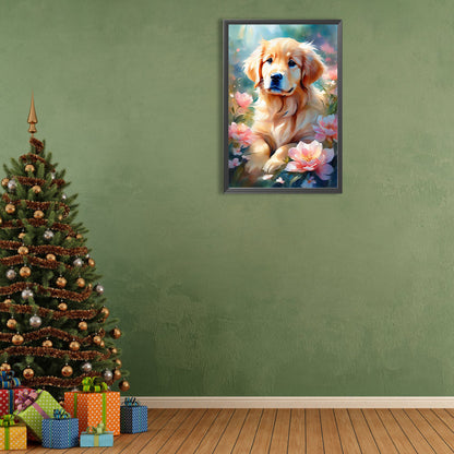 Dog Sitting Among Flowers - Full Round Drill Diamond Painting 40*60CM