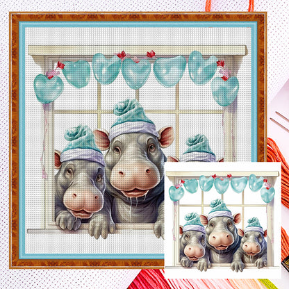 Three Hippos On The Windowsill - 18CT Counted Cross Stitch 30*30CM