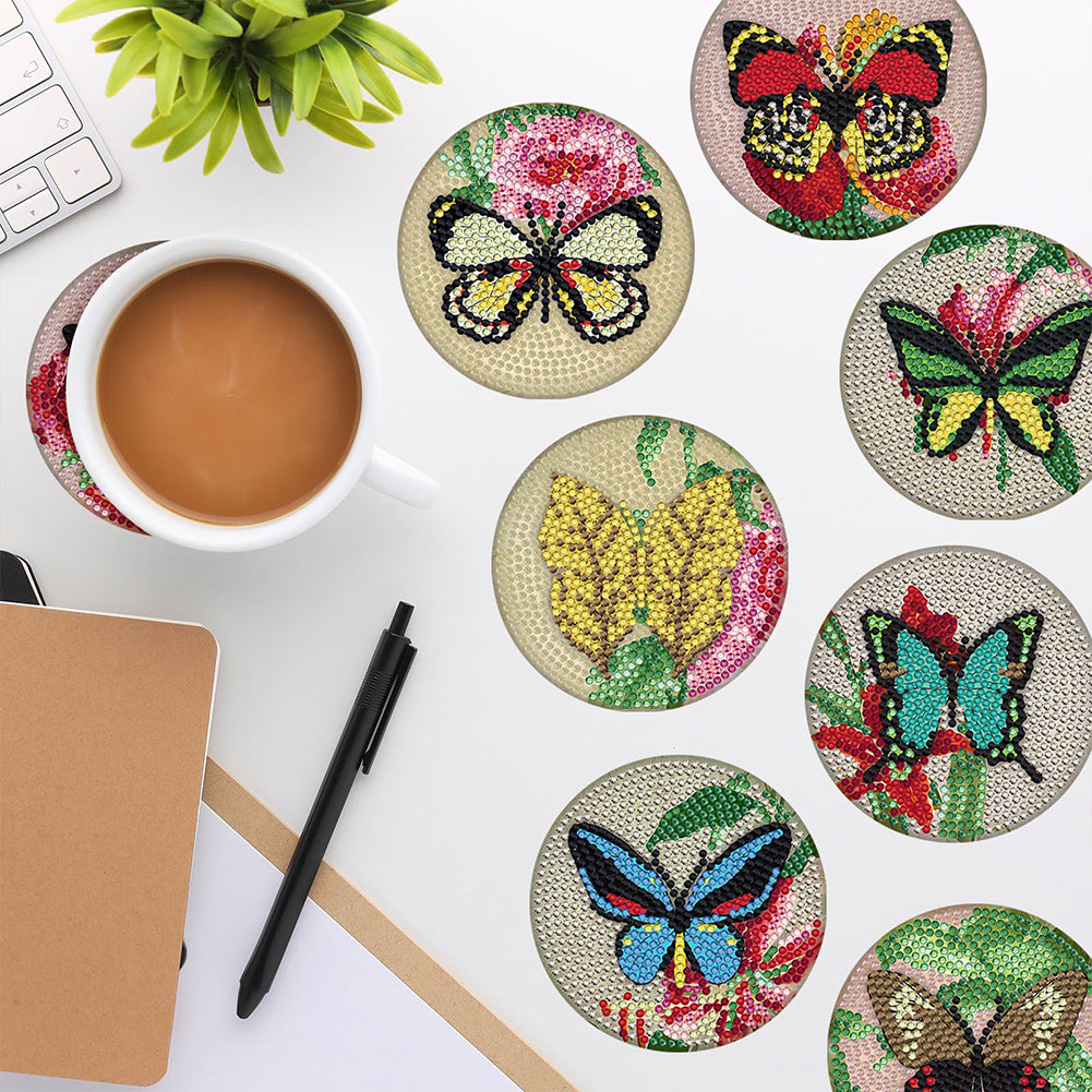 8PCS Acrylic Diamond Painting Coasters Kits with Holder for Adults(Butterfly #1)