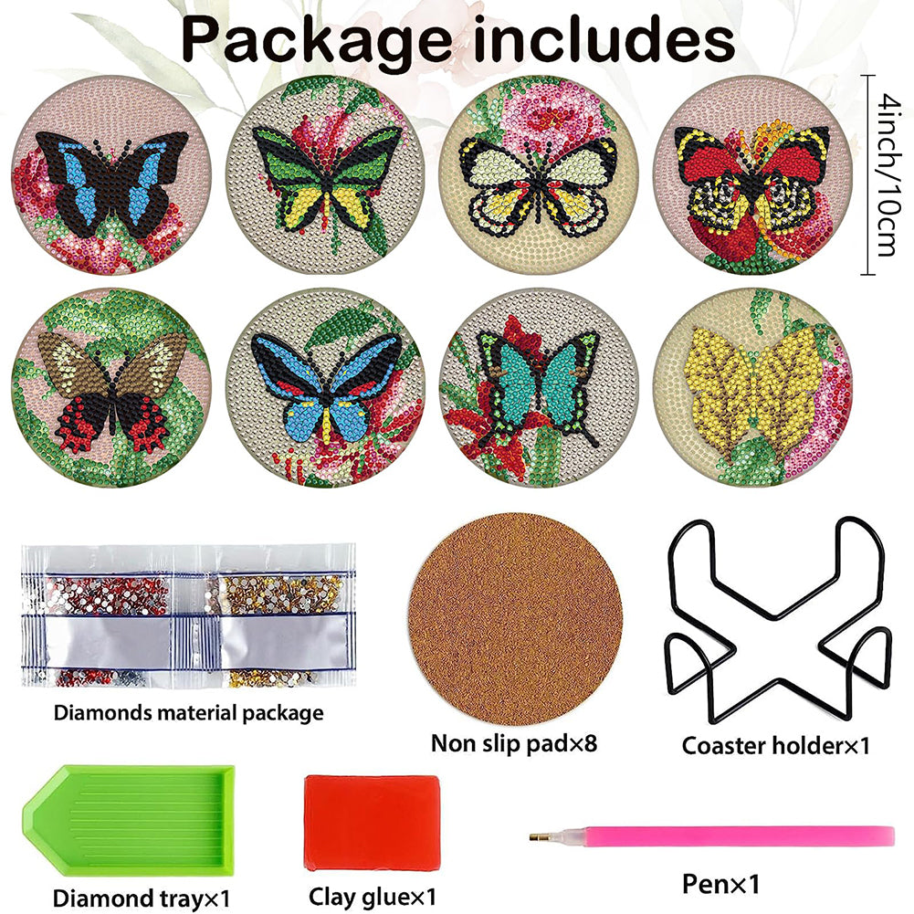 8PCS Acrylic Diamond Painting Coasters Kits with Holder for Adults(Butterfly #1)