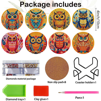 8PCS Acrylic Diamond Painting Coasters Kits with Holder for Beginner (Owl)