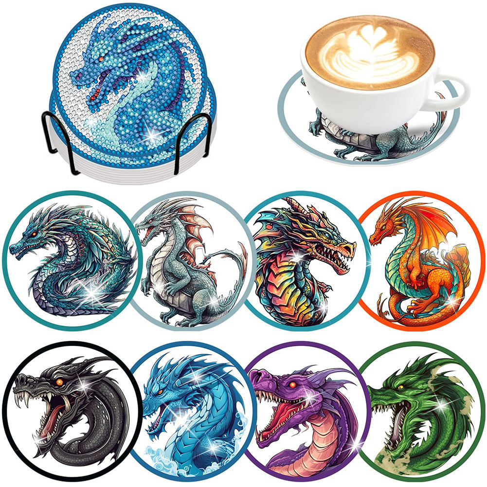 8PCS Acrylic Diamond Painting Coasters Kits with Holder for Beginner (Dragon)