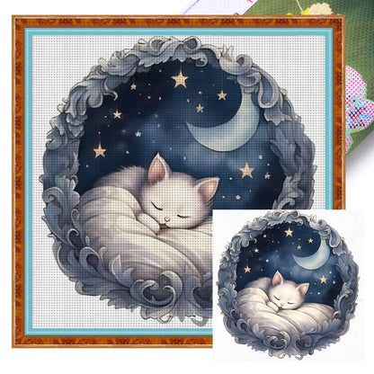 White Cat On The Moon - 11CT Stamped Cross Stitch 50*50CM