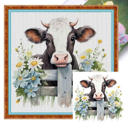 Flowers And Cow - 11CT Stamped Cross Stitch 50*50CM(Joy Sunday)