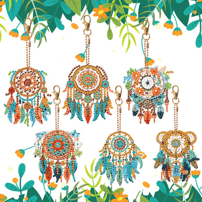 6 PCS Double Sided Flower Dreamcatcher Diamond Painting Keychain for Beginners