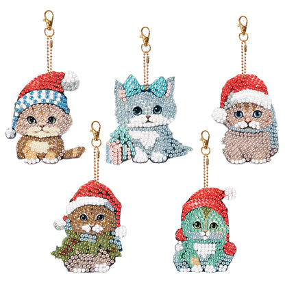 5PCS Double Sided Special Shape Diamond Painting Keychain (Christmas Cat)