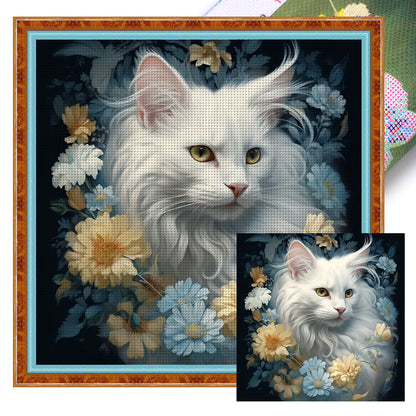 Flowers And White Cat - 11CT Stamped Cross Stitch 40*40CM