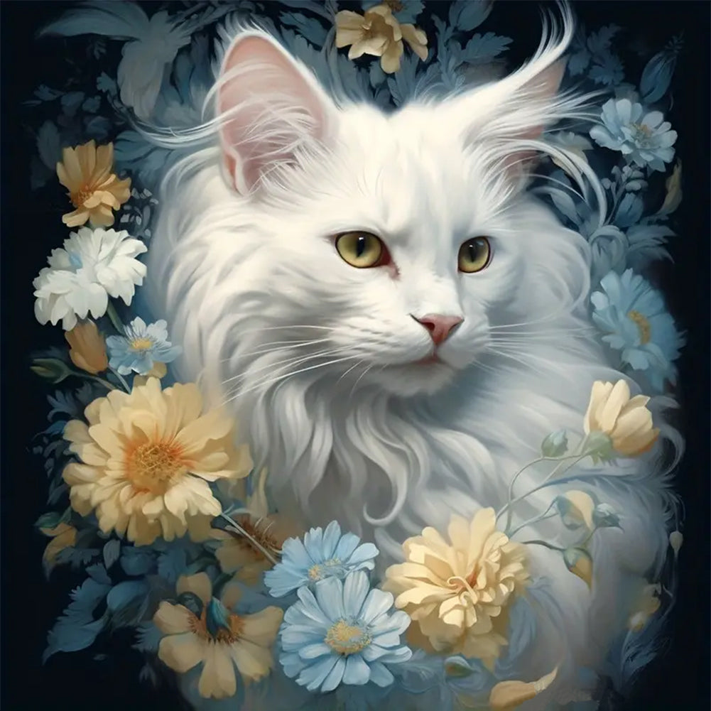 Flowers And White Cat - 11CT Stamped Cross Stitch 40*40CM