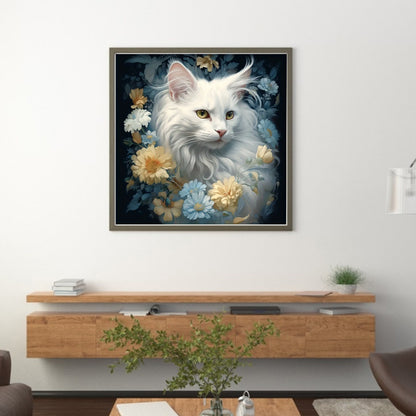 Flowers And White Cat - 11CT Stamped Cross Stitch 40*40CM