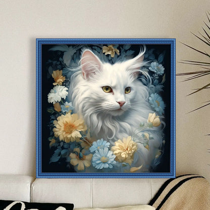 Flowers And White Cat - 11CT Stamped Cross Stitch 40*40CM