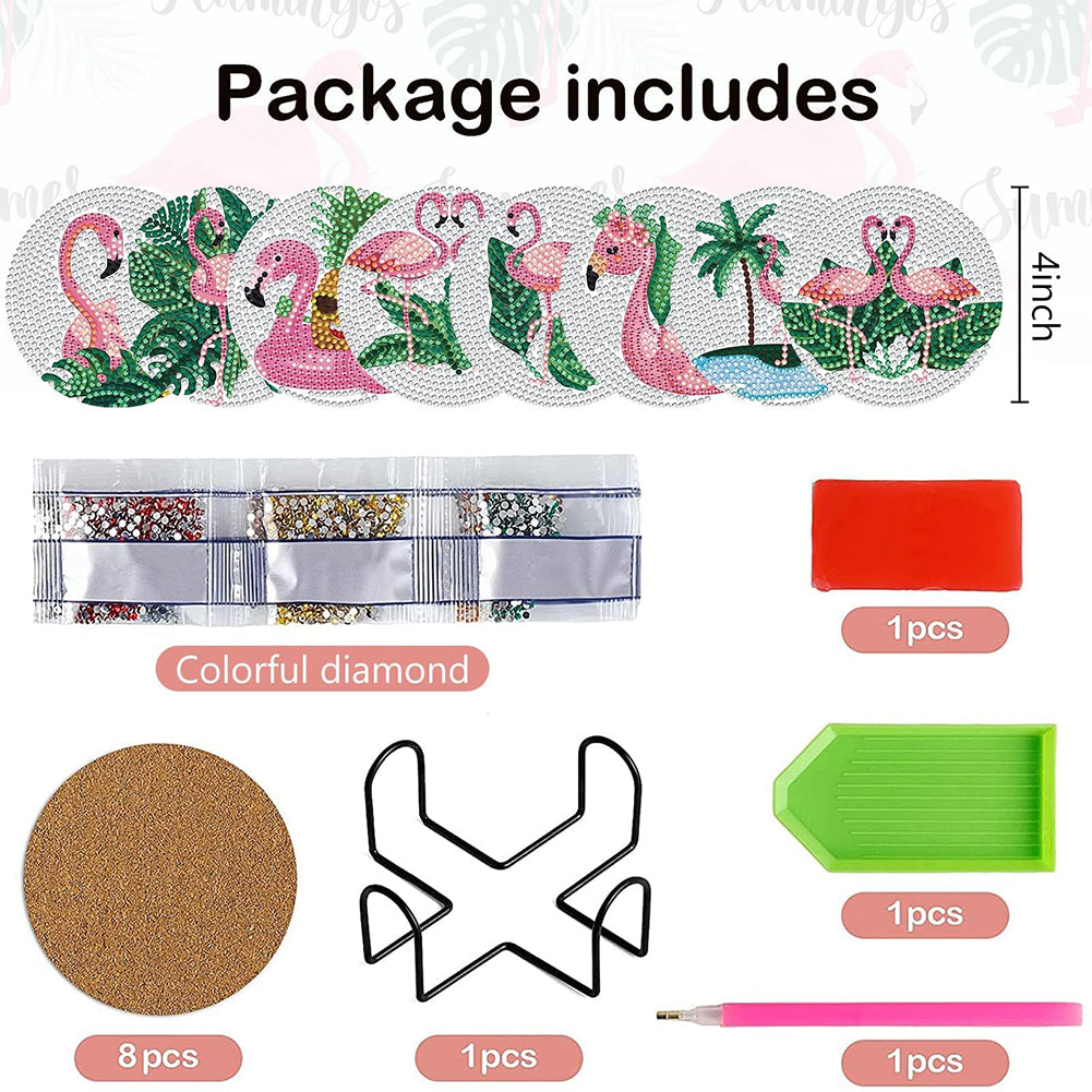 8 PCS Acrylic Diamond Painting Art Coaster Kit with Holder (Flamingo #2)