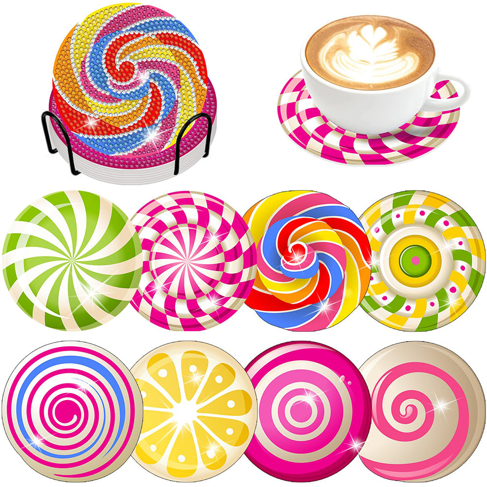 8 PCS Acrylic Diamond Painting Art Coaster Kit with Holder for Adults (Candy)