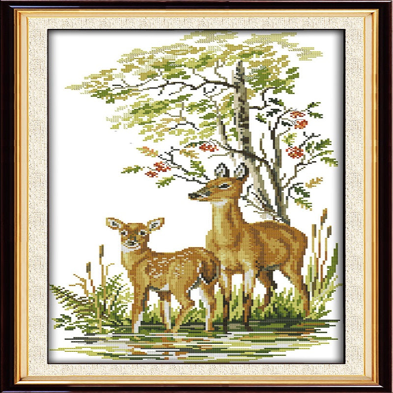 Deer Mother And Daughter - 14CT Stamped Cross Stitch 32*53CM(Joy Sunday)