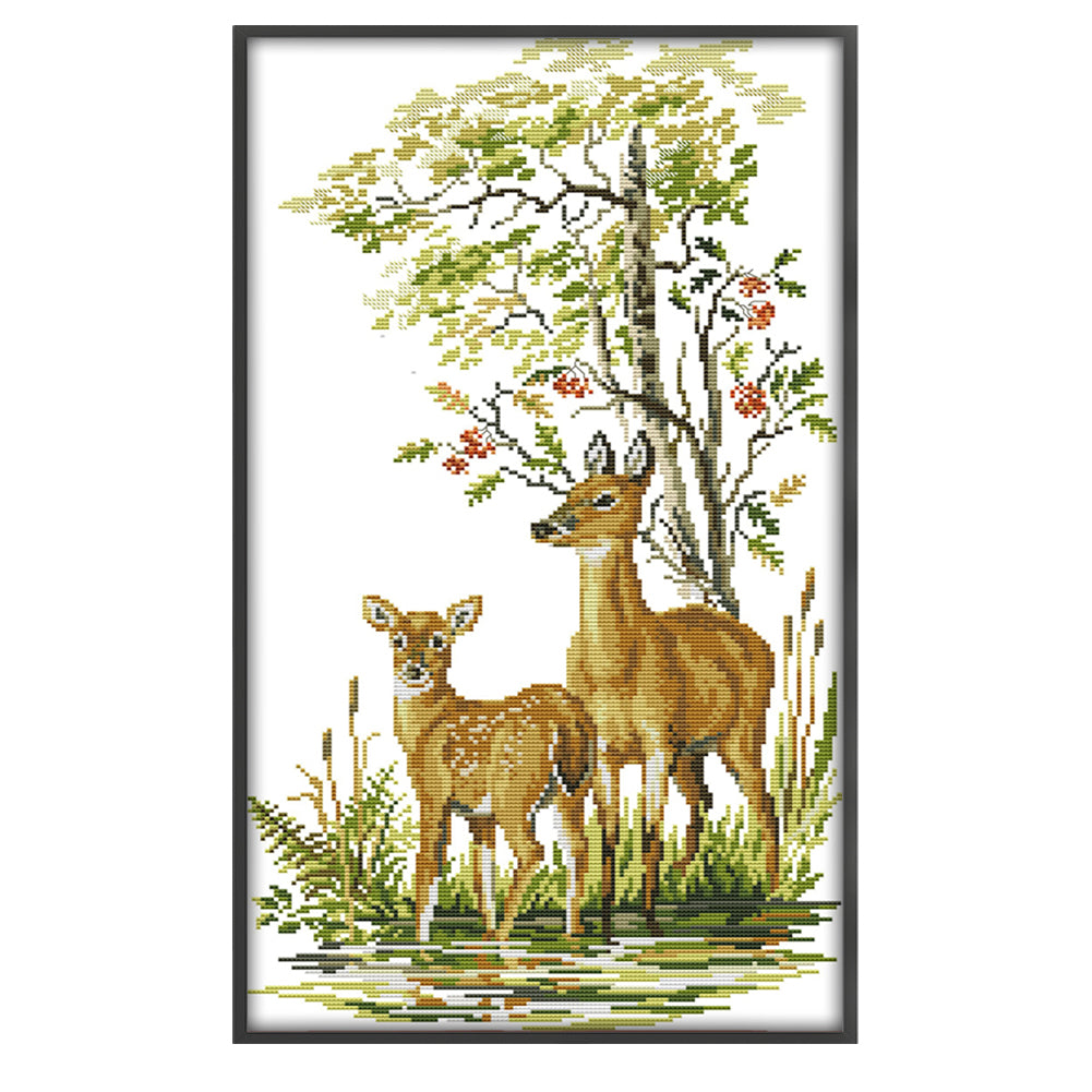 Deer Mother And Daughter - 14CT Stamped Cross Stitch 32*53CM(Joy Sunday)