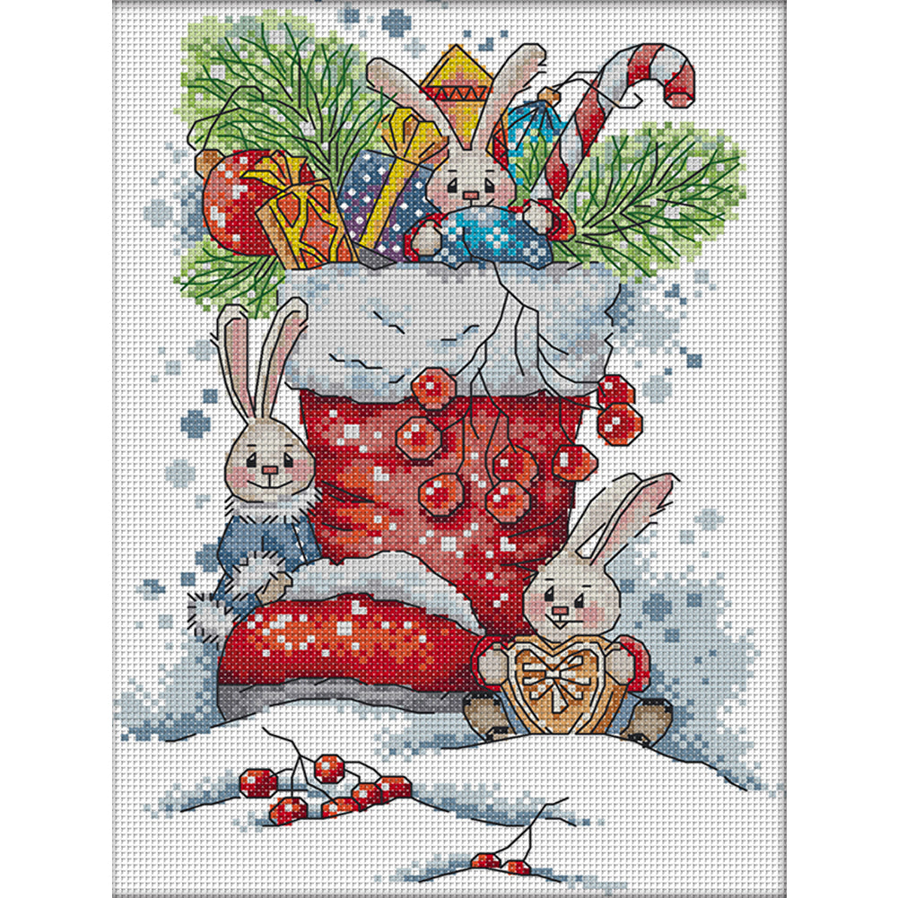 Bunny In Christmas Boots - 14CT Stamped Cross Stitch 21*31CM(Joy Sunday)