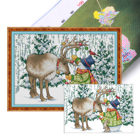 Elk And Snowman - 14CT Stamped Cross Stitch 38*29CM(Joy Sunday)