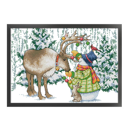 Elk And Snowman - 14CT Stamped Cross Stitch 38*29CM(Joy Sunday)