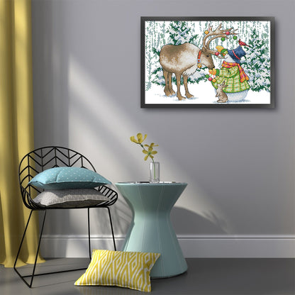 Elk And Snowman - 14CT Stamped Cross Stitch 38*29CM(Joy Sunday)