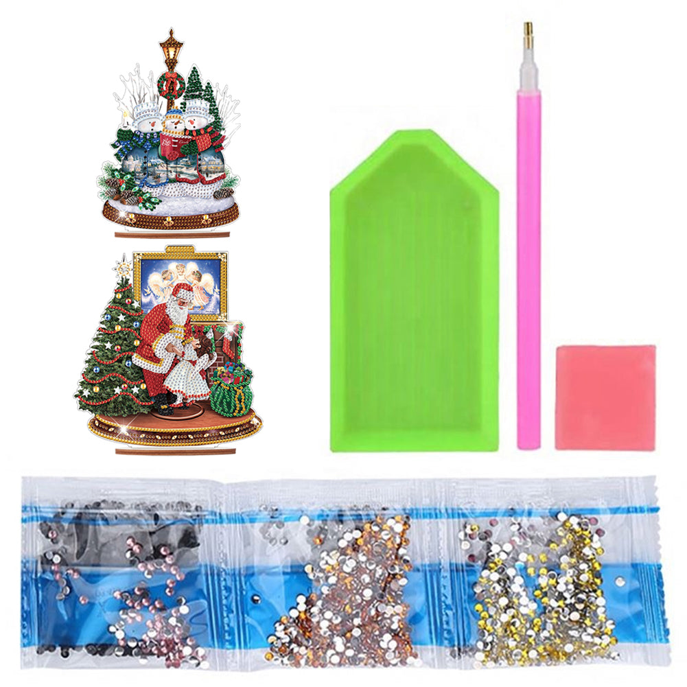 2 PCS Wooden Christmas Santa Xmas Snowman Diamond Painting Desktop Ornaments Kit