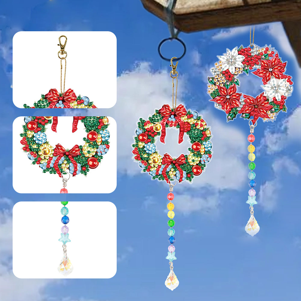 2PCS Suncatcher Diamond Painting Hanging Decor for Kid DIY Craft (Wreath #3)
