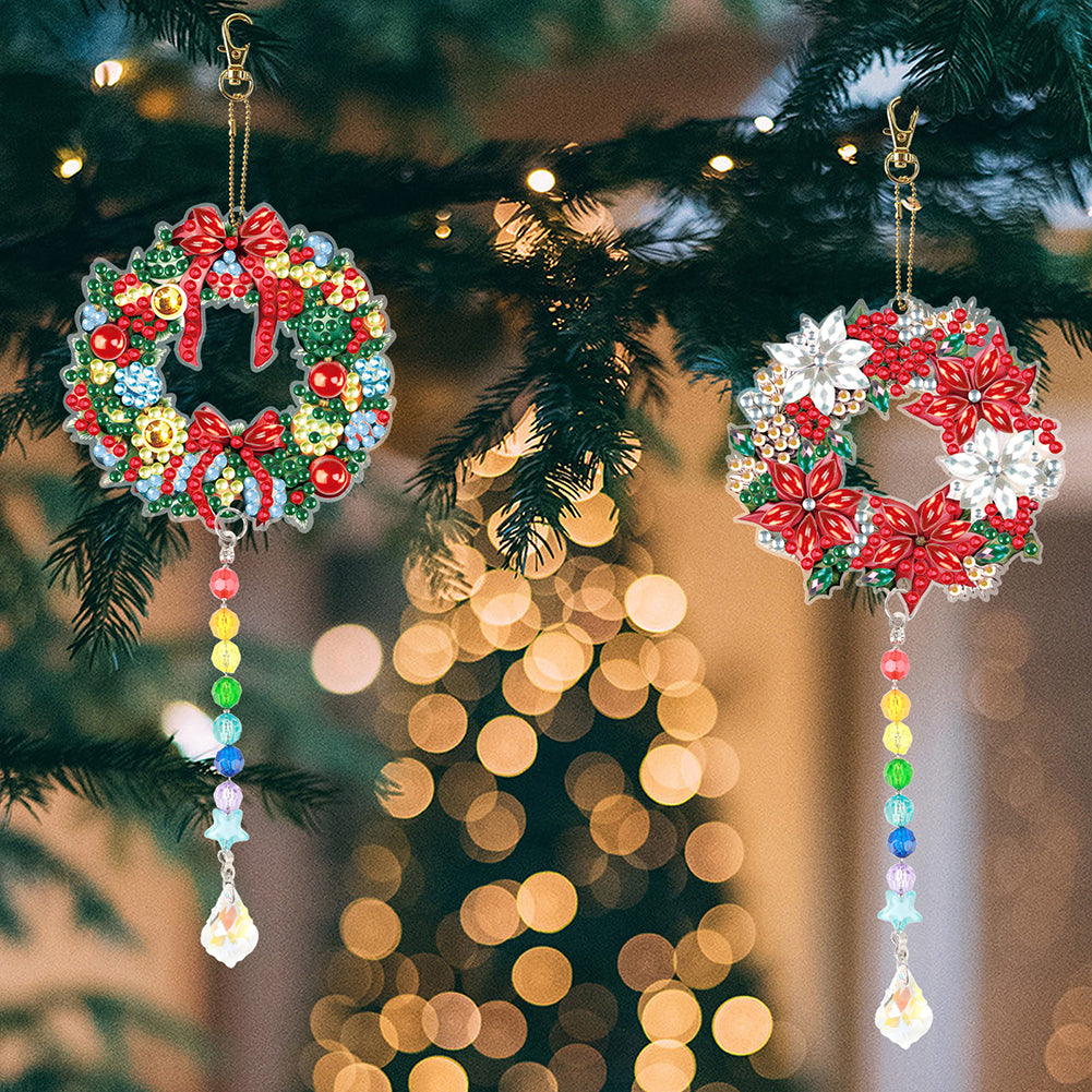 2PCS Suncatcher Diamond Painting Hanging Decor for Kid DIY Craft (Wreath #3)