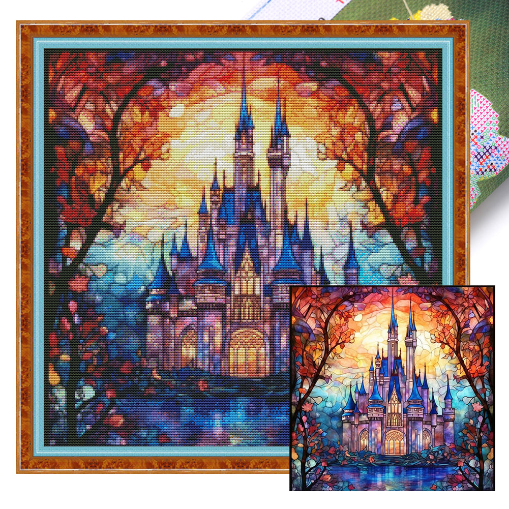 Glass Painting-Castle - 14CT Stamped Cross Stitch 50*50CM(Joy Sunday)