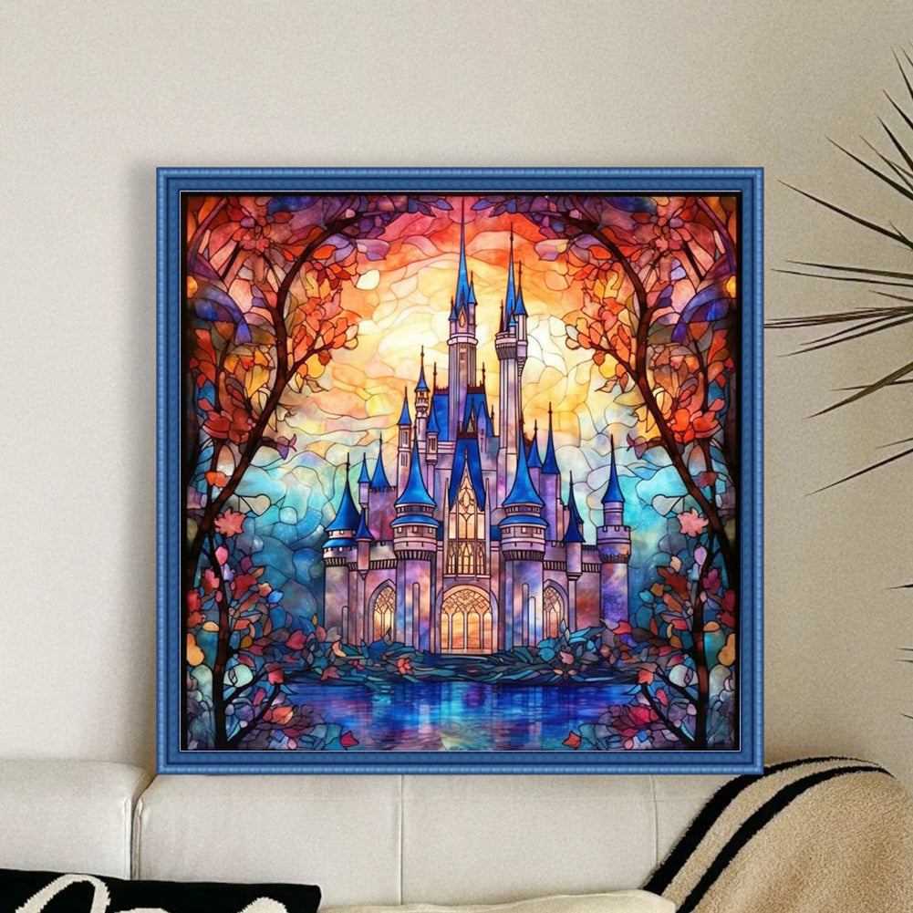 Glass Painting-Castle - 14CT Stamped Cross Stitch 50*50CM(Joy Sunday)