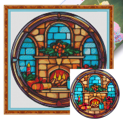 Glass Painting-Christmas Fireplace - 18CT Stamped Cross Stitch 25*25CM(Joy Sunday)