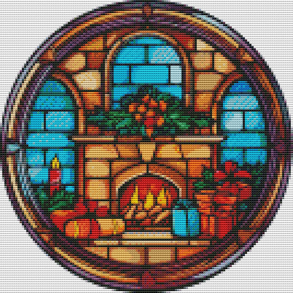 Glass Painting-Christmas Fireplace - 18CT Stamped Cross Stitch 25*25CM(Joy Sunday)