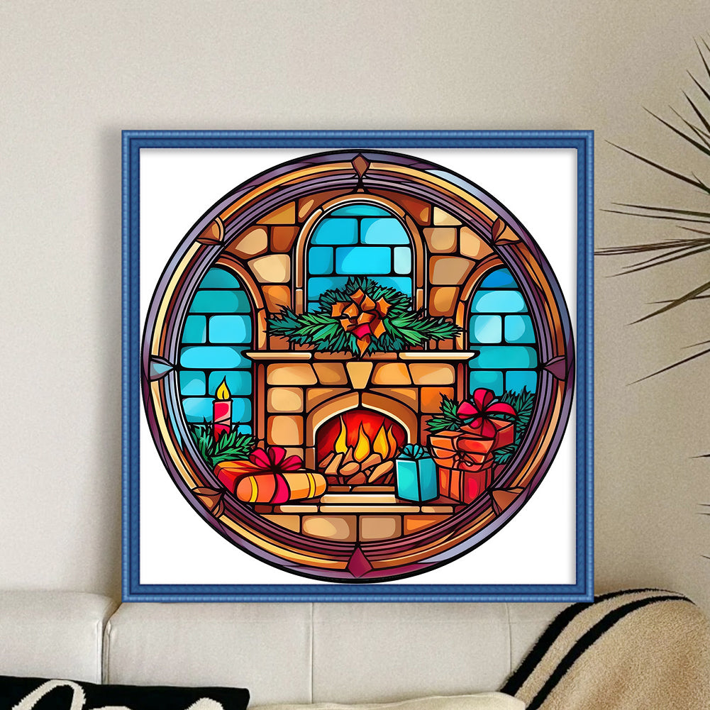 Glass Painting-Christmas Fireplace - 18CT Stamped Cross Stitch 25*25CM(Joy Sunday)