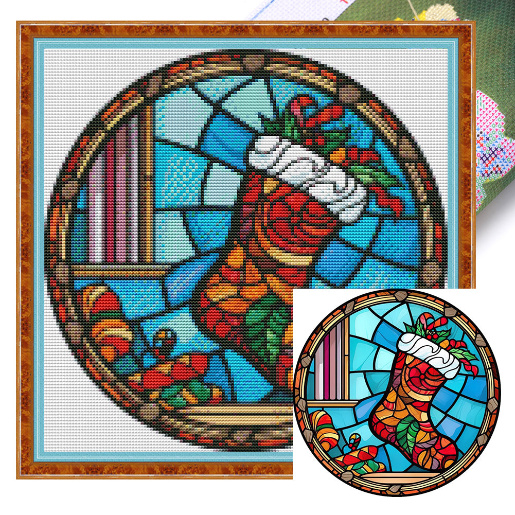 Glass Painting-Christmas Stocking - 18CT Stamped Cross Stitch 25*25CM(Joy Sunday)