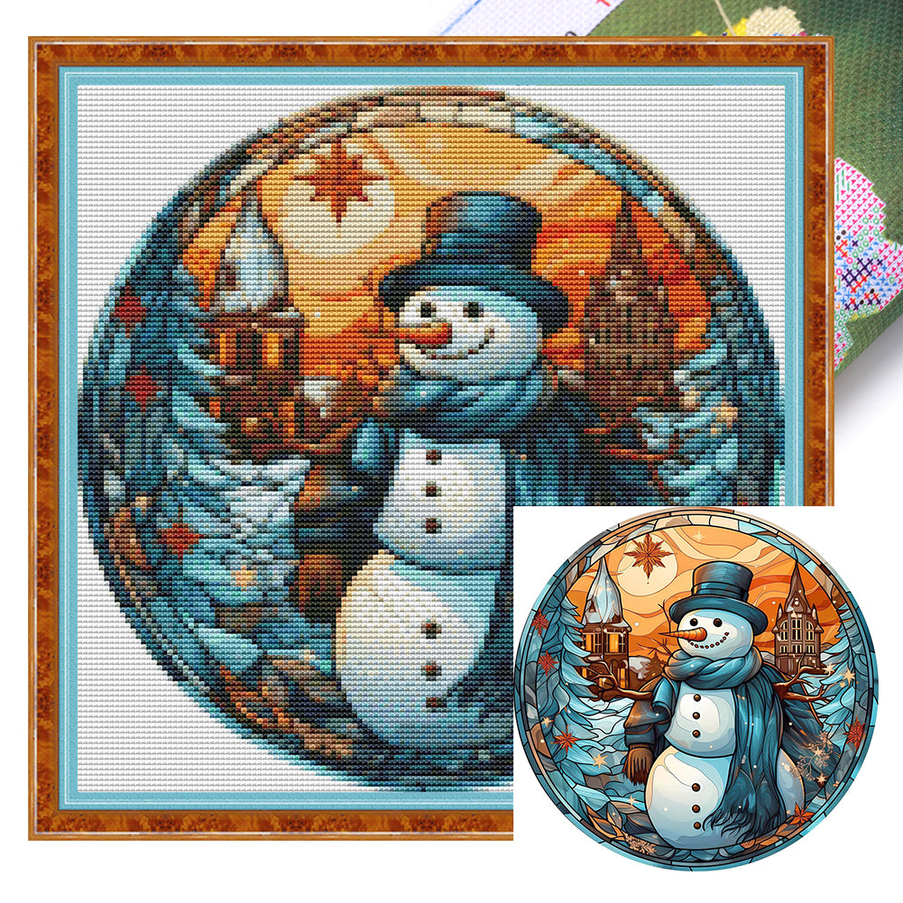 Glass Painting-Christmas Snowman - 18CT Stamped Cross Stitch 25*25CM(Joy Sunday)