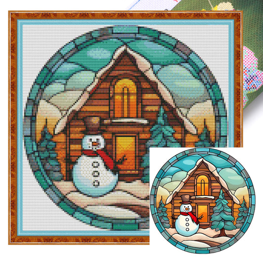 Glass Painting-Christmas Cabin - 18CT Stamped Cross Stitch 25*25CM(Joy Sunday)