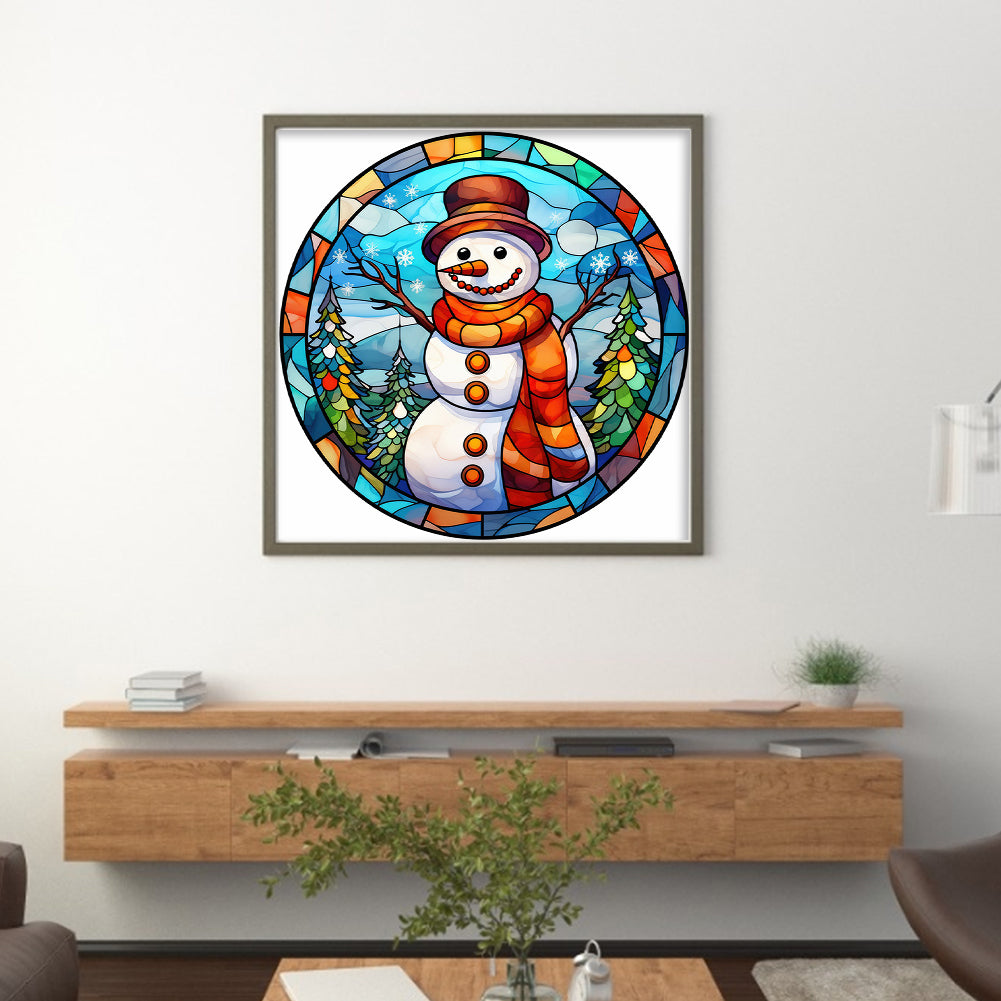 Glass Painting-Christmas Snowman - 18CT Stamped Cross Stitch 25*25CM(Joy Sunday)