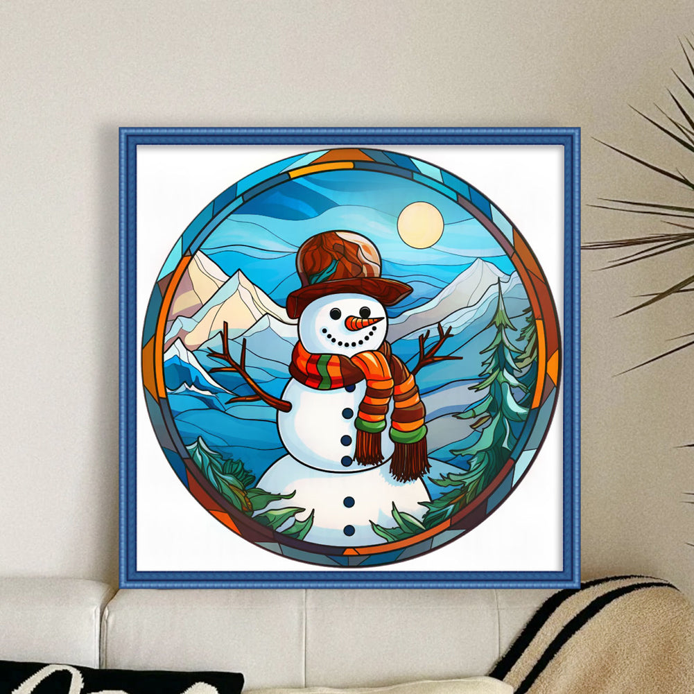 Glass Painting-Christmas Snowman - 18CT Stamped Cross Stitch 25*25CM