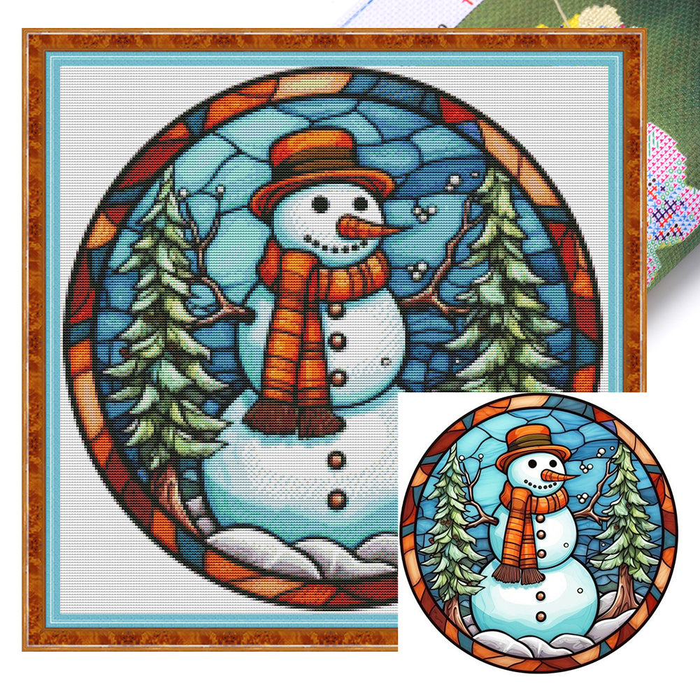 Glass Painting-Christmas Snowman - 18CT Stamped Cross Stitch 25*25CM(Joy Sunday)