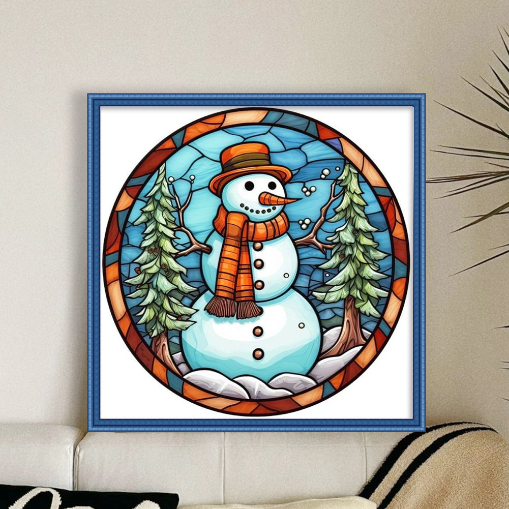 Glass Painting-Christmas Snowman - 18CT Stamped Cross Stitch 25*25CM(Joy Sunday)