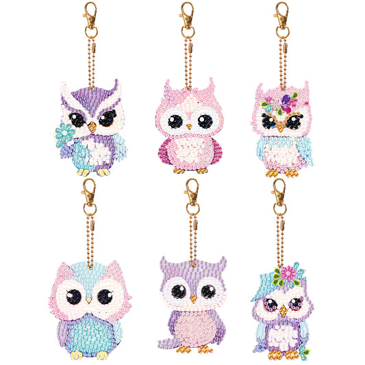 6 PCS Diamond Art Keyring Owl Double Sided Diamond Painting Art Keychain Pendant