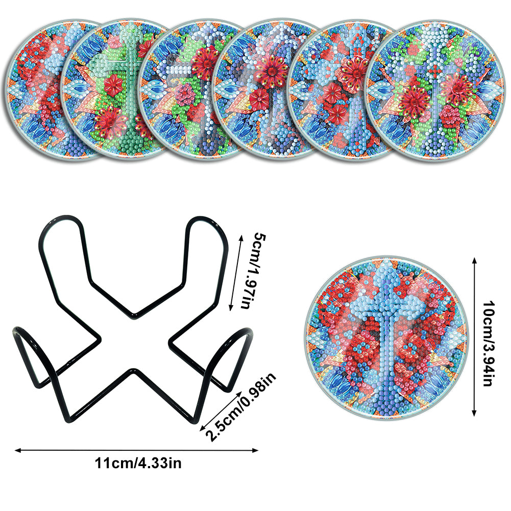 6 PCS Acrylic Washable Diamond Painting Art Coasters Kits with Holder (Cross)
