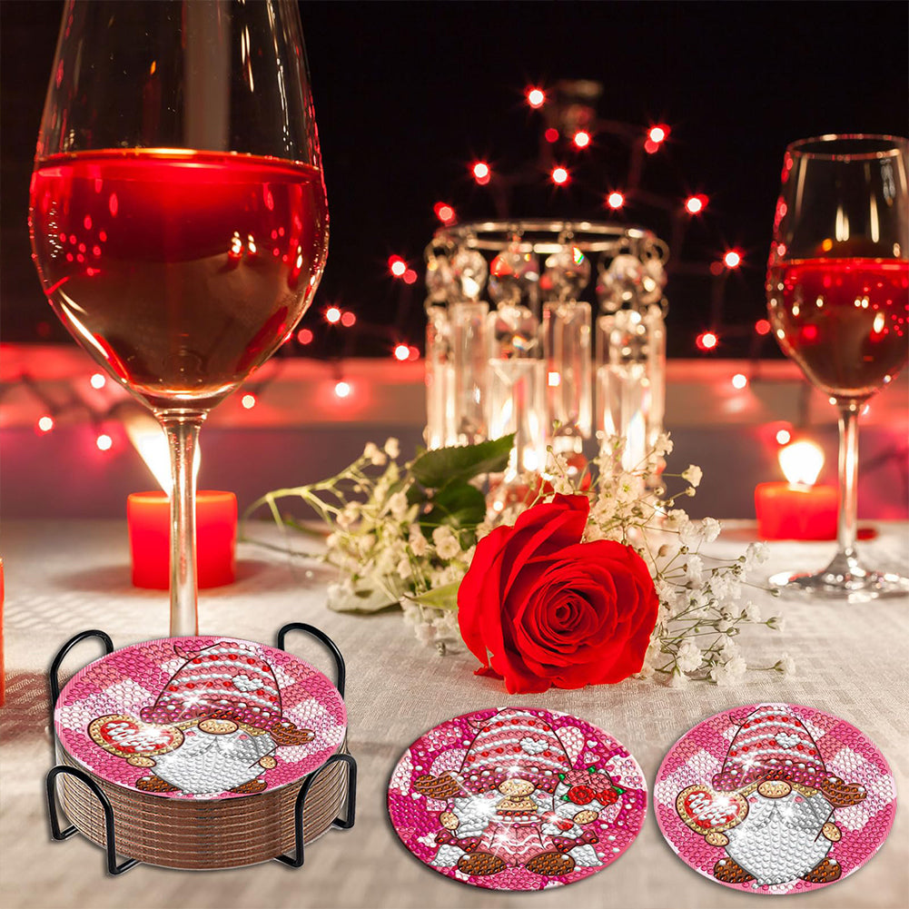 8 PCS Acrylic Diamond Painting Coasters Kits with Holder (Valentines Day Gnome)