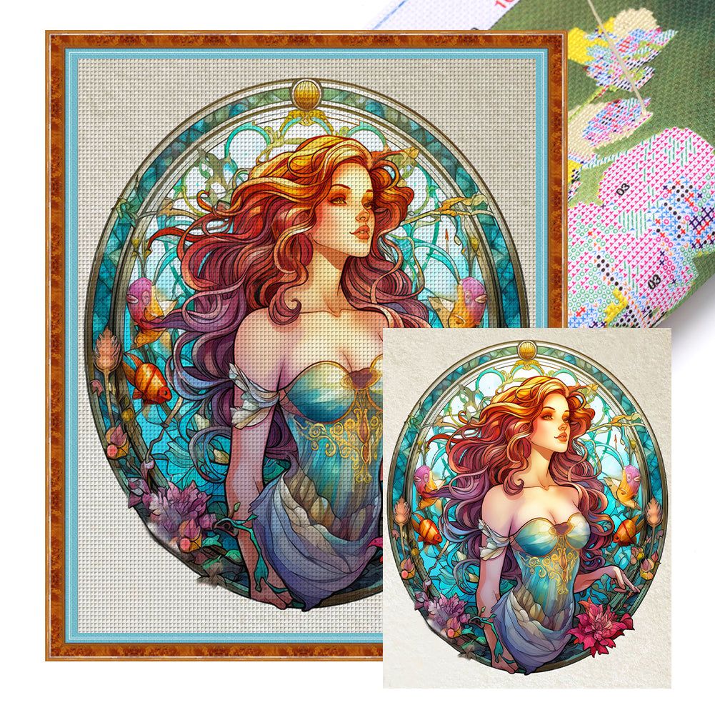 Glass Painting-Mermaid - 11CT Stamped Cross Stitch 50*60CM(Joy Sunday)