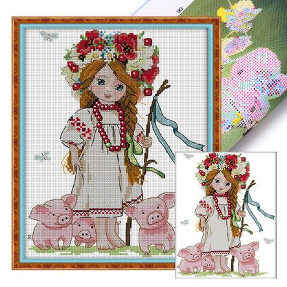 Girl And Pig - 14CT Stamped Cross Stitch 26*31CM(Joy Sunday)