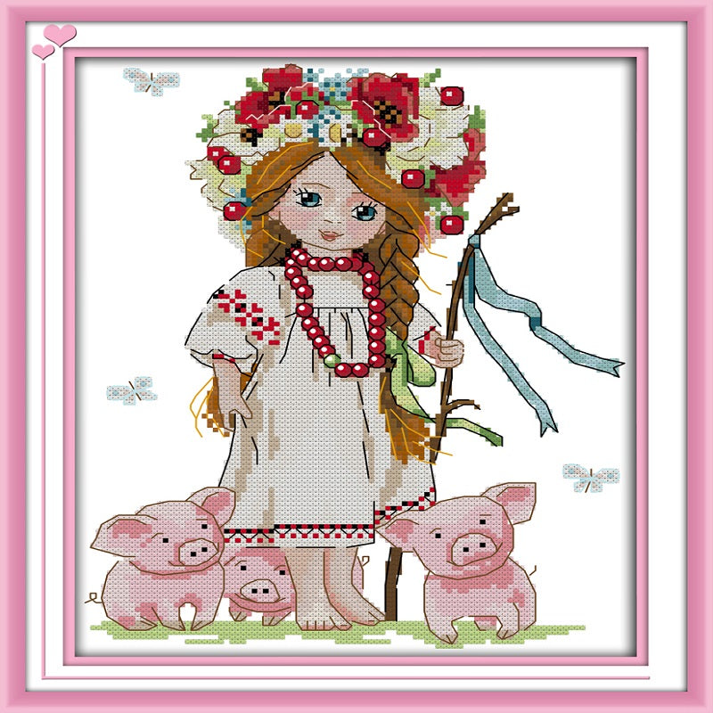 Girl And Pig - 14CT Stamped Cross Stitch 26*31CM(Joy Sunday)